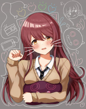 1girl black_necktie blush breasts brown_hair brown_sweater collared_shirt commentary_request diagonal-striped_clothes diagonal-striped_necktie doodle_background drawn_ears drawn_whiskers dress_shirt embarrassed grey_background heart highres holding holding_stuffed_toy idolmaster idolmaster_shiny_colors long_hair long_sleeves looking_at_viewer medium_breasts necktie osaki_tenka paw_pose raised_inner_eyebrows school_uniform shirt solo striped_clothes stuffed_animal stuffed_toy sweater wanitaroo._(waniwani_panic) white_shirt