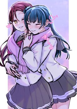 2girls ^_^ absurdres blue_hair closed_eyes closed_mouth commentary_request grey_skirt hair_bun hand_on_another&#039;s_waist heart highres holding_hands hug hug_from_behind jacket long_hair love_live! love_live!_sunshine!! multiple_girls one_eye_closed pink_scarf pleated_skirt red_hair sakurauchi_riko scarf shared_clothes shared_scarf single_hair_bun skirt translation_request tsushima_yoshiko white_jacket yellow_eyes yuri zokuro_1018