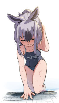 1girl animal_ears bare_legs bare_shoulders barefoot blue_one-piece_swimsuit blush closed_eyes collarbone grey_hair highres kemono_friends kneeling mcgunngu multicolored_hair name_tag one-piece_swimsuit ponytail pool rabbit_ears rabbit_girl school_swimsuit short_hair sidelocks sleeveless smile snowshoe_hare_(kemono_friends) solo spaghetti_strap swimsuit translation_request water_drop wet wet_hair white_hair