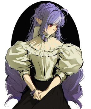 Rule 34 | 1girl, absurdres, alternate costume, black skirt, blush, commentary, cowboy shot, drill hair, gem, head tilt, high-waist skirt, highres, long hair, pointy ears, puffy short sleeves, puffy sleeves, purple gem, purple hair, red eyes, short sleeves, skirt, smyecc, solo, untranslatable commentary, vivian banshee, zenless zone zero