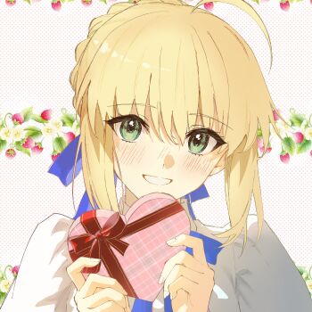Rule 34 | 1girl, artoria pendragon (fate), blonde hair, box, box of chocolates, commentary request, fate/stay night, fate (series), green eyes, highres, parted lips, polka dot, polka dot background, saber (fate), senmochi 02, shirt, smile, solo, teeth, upper body, valentine, white background, white shirt