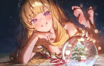 1girl absurdres bare_shoulders barefoot betabeet blonde_hair blush breasts cagliostro_(granblue_fantasy) cleavage crossed_ankles dress feet feet_up granblue_fantasy grin highres long_hair lying off-shoulder_dress off_shoulder on_stomach purple_eyes small_breasts smile snow_globe soles solo the_pose toes white_dress