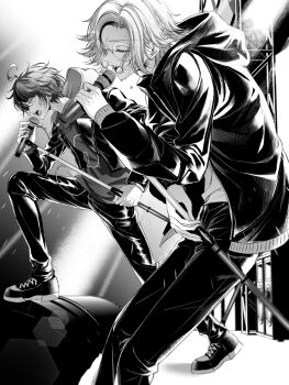 2boys aotsuki_eito cropped_jacket glasses greyscale highres holding holding_microphone holding_microphone_stand hood hoodie jacket jacket_over_hoodie looking_ahead male_focus microphone microphone_stand mizunana_(mizuasagi) monochrome multicolored_hair multiple_boys music official_alternate_costume pants short_hair singing stage streaked_hair sumino_takumi sweat the_hundred_line_-last_defense_academy- tower_records