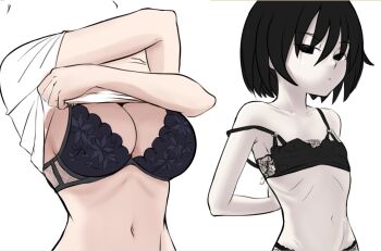 2girls armpits arms_behind_back black_bra black_eyes black_hair black_panties bob_cut border bra breast_envy breasts cleavage closed_mouth clothes_lift collarbone commentary dot_mouth embroidered_bra empty_eyes english_commentary faceless faceless_female groin hair_over_eyes hanekawa_tsubasa lace lace_bra lace_panties large_breasts lifting_own_clothes looking_at_another looking_at_viewer looking_to_the_side monogatari_(series) multiple_girls narrow_waist navel open_bra oshino_ougi pale_skin panties petite ribs shirt shirt_lift sideways_glance simple_background skinny small_breasts strap_slip unamused underwear undressing upper_body veko_draw_friendo white_background white_border white_shirt