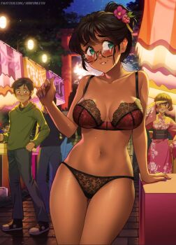 1boy 2girls alternate_costume alternate_hairstyle averting_eyes black-framed_eyewear black_garter_straps black_panties black_thighhighs blush bra breasts collarbone commentary crowd dark-skinned_female dark_skin english_commentary exhibitionism fingernails flashing flower garter_straps green_eyes green_kimono hair_bun hair_flower hair_ornament japanese_clothes kim_(mleth) kimono lace lace-trimmed_bra lace-trimmed_garter_belt lace_panties lace_trim lantern lantern_festival lingerie looking_at_another medium_breasts mleth multiple_girls nail_polish navel nervous_sweating original paid_reward_available panties paper_lantern public_indecency purple_nails red_bra red_garter_belt semi-rimless_eyewear short_hair single_hair_bun sky_lantern solo_focus standing sweat thigh_gap thighhighs torii under-rim_eyewear underwear underwear_only very_dark_skin