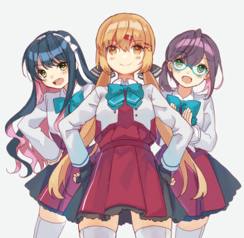 3girls black_bow black_hair blazer blue-framed_eyewear blue_bow bow brown_eyes brown_hair commentary_request cosplay glasses green_eyes grey_legwear hair_bow hair_down hair_ornament hairband hairclip halterneck jacket kantai_collection long_hair low_twintails matching_outfits mitsuyo_(mituyo324) multicolored_hair multiple_girls naganami_(kancolle) naganami_kai_ni_(kancolle) okinami_(kancolle) okinami_kai_ni_(kancolle) pink_hair school_uniform short_hair tashkent_(kancolle) thighhighs twintails white_hairband yuugumo_(kancolle) yuugumo_(kancolle)_(cosplay) yuugumo_kai_ni_(kancolle)