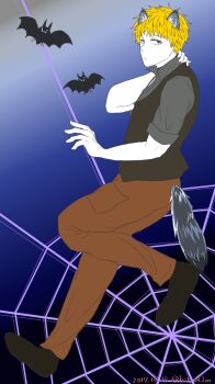 Rule 34 | 1boy, animal ears, bags under eyes, bat (animal), bat wings, black shoes, black vest, blonde hair, brown pants, casual, closed mouth, collared shirt, colored skin, dated, expressionless, formal clothes, from side, frown, full body, gradient background, grey eyes, grey shirt, halloween, halloween costume, hand on own neck, hands up, happy halloween, highres, jitome, kemonomimi mode, kimi ga shine, knee up, looking at viewer, looking to the side, male focus, pale-skinned, pale-skinned-male, pale skin, pants, photoshop (medium), pocket, purple background, sanpaku, shinogi keiji, shirt, shoes, short hair, short sleeves, silk, simple background, sleeves pushed up, sleeves rolled up, solo, spider web, spider web background, spiked hair, suit, tail, thigh pocket, toned, toned male, twitter username, vest, waistcoat, white skin, wings, wolf boy, wolf ears, wolf tail