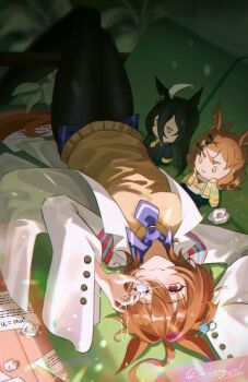 Rule 34 | 1girl, agnes tachyon (tach-nology) (umamusume), agnes tachyon (umamusume), ahoge, animal ears, black coat, black gloves, black hair, black necktie, black pantyhose, blush, breasts, brown hair, character doll, chemical structure, closed mouth, coat, commentary, couch, doll, ear tag, earrings, english commentary, gem, gloves, hair between eyes, holding, holding jewelry, holding necklace, horse ears, horse girl, horse tail, jewelry, lab coat, long bangs, long hair, long hair between eyes, long sleeves, lying, manhattan cafe (creeping shadow) (umamusume), manhattan cafe (umamusume), multicolored hair, necklace, necktie, on back, on couch, pantyhose, paper, red eyes, shirt, short hair, short necktie, single earring, sleeves past fingers, sleeves past wrists, smile, sweater, sweater vest, tail, tailong yo, umamusume, white coat, white hair, yellow eyes, yellow necktie, yellow sweater, yellow sweater vest