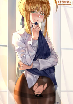 1girl ahoge artist_name artoria_pendragon_(fate) bad_id bad_pixiv_id blonde_hair blue_ribbon blue_skirt blush braid breasts brown_pantyhose casual censored clothes_lift club3 collared_shirt cowboy_shot crown_braid fate/stay_night fate_(series) female_pubic_hair green_eyes half-closed_eyes indoors lifting_own_clothes long_hair long_sleeves looking_at_viewer medium_breasts pantyhose pubic_hair pussy pussy_peek ribbon saber_(fate) shirt signature skirt skirt_lift smile solo thighband_pantyhose torn_clothes torn_pantyhose white_shirt