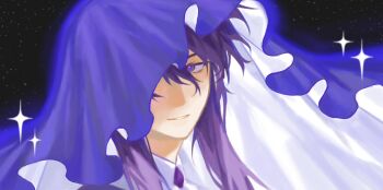 1girl brooch character_request cloak collared_shirt cosplay crossover glowing grin highres hood hood_up hooded_cloak jewelry long_sidelocks looking_at_viewer minecraft_youtube omniscient_reader&#039;s_viewpoint one_eye_covered portrait purple_eyes purple_hair rverofdndlons shirt sidelocks sky smile solo sparkle star_(sky) starry_sky virtual_youtuber wemmbu white_shirt yoo_joonghyuk yoo_joonghyuk_(cosplay)