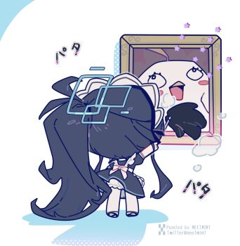 1girl absurdly_long_hair apron aqua_halo aris_(blue_archive) aris_(maid)_(blue_archive) arm_up back_bow black_dress black_hair black_shoes black_wrist_cuffs blue_archive bow chibi chibi_only cleaning commentary dress duster frilled_apron frills from_behind full_body halo highres holding holding_duster long_hair long_sidelocks maid maid_apron maid_headdress naatmint official_alternate_costume official_alternate_hairstyle pantyhose peroro_(blue_archive) ponytail puffy_short_sleeves puffy_sleeves rectangular_halo shoes short_sleeves sidelocks solo standing star_(symbol) very_long_hair white_apron white_background white_bow white_headdress white_pantyhose wrist_cuffs