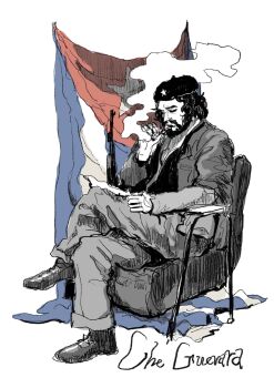 1boy beard beret black_shirt black_shoes chair character_name che_guevara chinese_commentary cigar crops cuban_flag facial_hair full_beard grey_jacket grey_pants gun hat hat_ornament highres holding holding_cigar jacket long_sleeves pants reading real_life rifle shirt shoes short_hair sitting smoke smoking solo star_(symbol) star_hat_ornament translation_request trinidad_lsla weapon