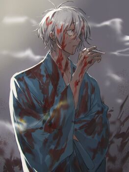 1boy blood blood_on_face blood_on_hands cigarette closed_mouth commentary gegege_no_kitarou grey_background grey_hair highres holding holding_cigarette japanese_clothes kitarou_tanjou:_gegege_no_nazo male_focus medama_oyaji_(human) miroku_(butuzo33) smoke smoking solo symbol-only_commentary wide_sleeves