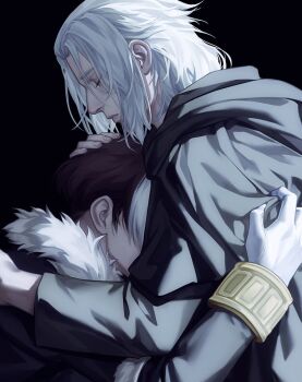 Rule 34 | 2boys, black background, black capelet, black coat, black robe, brown hair, capelet, clothes grab, coat, commentary, covered face, dual persona, emet-selch, english commentary, final fantasy, final fantasy xiv, from side, fur-trimmed coat, fur trim, garlean, gloves, hair pulled back, hand on another&#039;s head, head on chest, hood, hood down, hooded capelet, hug, long sleeves, male focus, multicolored hair, multiple boys, profile, robe, short hair, simple background, streaked hair, two-tone hair, upper body, white gloves, white hair, zhyphenth