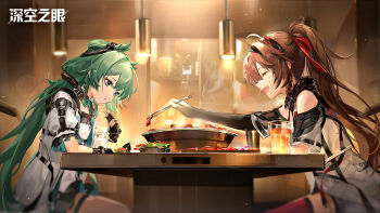 2girls :d aether_gazer bare_shoulders black_dress black_gloves black_sleeves blue_eyes braid brown_hair chinese_commentary chopsticks closed_eyes commentary_request cooking cup detached_sleeves dress drinking_glass drinking_straw from_side fur-trimmed_jacket fur_trim gloves green_hair grill grilling hair_ornament hair_ribbon high_ponytail highres holding holding_chopsticks holding_straw hotpot jacket legs_together looking_down low_twintails multiple_girls official_art official_wallpaper open_mouth osiris_(aether_gazer) parted_lips partially_fingerless_gloves ponytail red_ribbon red_thighhighs ribbon sidelocks sitting smile table thighhighs twintails verthandi_(aether_gazer) white_jacket