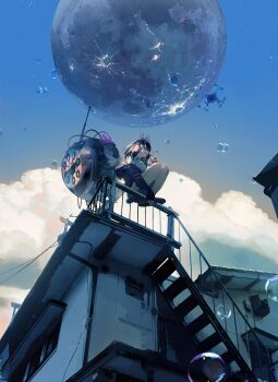 1girl absurdres animal_ear_headphones animal_ears bandaid bandaid_on_knee bandaid_on_leg black_hair blowing_bubbles blue_eyes bubble bubble_pipe building coat commentary drone fake_animal_ears female_focus flying from_below glasses headphones highres holding kukka ladder legs long_sleeves looking_away machine medium_hair moon off_shoulder original rabbit_ear_headphones rabbit_ears rooftop sandals sitting skirt sky solo white_skirt