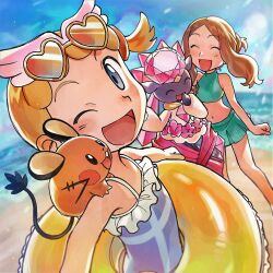 2girls :d ;d bare_arms beach blonde_hair blurry bonnie_(pokemon) brown_hair closed_eyes commentary_request day dedenne diancie elizabeth_(tomas21) eyelashes frills gen_6_pokemon grey_one-piece_swimsuit happy heart heart-shaped_eyewear highres legendary_pokemon marine_day multiple_girls mythical_pokemon navel nintendo on_shoulder one-piece_swimsuit one_eye_closed one_side_up open_mouth outdoors pokemon pokemon_(anime) pokemon_(creature) pokemon_on_shoulder pokemon_xy_(anime) sand serena_(pokemon) shore sidelocks smile standing sunglasses swimsuit water