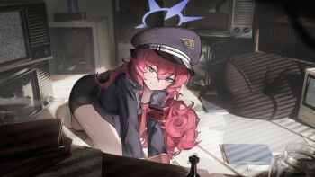 1girl arm_support armband barefoot bent_over black_coat black_shirt black_skirt blue_archive blue_eyes blue_halo book breasts chair chess_piece cleavage coat collared_shirt commentary crossed_bangs crt english_commentary full_body greedice grey_eyes hair_between_eyes halo hat head_tilt highres indoors iroha_(blue_archive) kneeling light_blush long_hair long_sleeves looking_at_viewer messy_hair military_hat miniskirt necktie paper peaked_cap red_armband red_hair red_necktie rook_(chess) safety_pin shirt skirt small_breasts smile solo static television