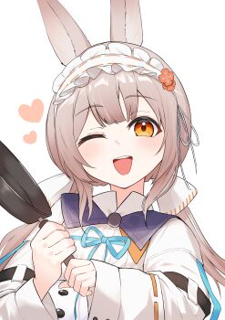 1girl absurdres animal_ears aqua_ribbon arknights commentary grey_hair heart highres holding_pan k@bu long_hair long_sleeves looking_at_viewer maid_headdress one_eye_closed orange_eyes rabbit_ears ribbon ribbon-trimmed_sleeves ribbon_trim shirt simple_background smile solo teeth upper_teeth_only warmy_(arknights) white_background white_shirt