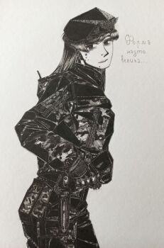 Rule 34 | 1girl, beret, bordfunker133, camouflage, camouflage jacket, combat knife, digital camouflage, from side, gloves, greyscale, hat, highres, jacket, knife, knife sheath, long hair, long sleeves, looking at viewer, mole, monochrome, nervous sweating, original, paratrooper, photo (medium), russo-ukrainian war, sasha shoshnikova, sheath, simple background, soldier, solo, sweat, tactical gloves, translation request, ukrainian text, ukrainian vdv, vdv, weapon