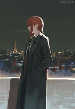 1girl absurdres artist_name black_necktie braid braided_ponytail chainsaw_man city cityscape coat collared_shirt commentary eiffel_tower english_commentary formal_clothes from_side hand_in_pocket highres makima_(chainsaw_man) necktie night night_sky outdoors red_hair ringed_eyes shirt sidelocks sky solo tomatoketchup96 white_shirt yellow_eyes