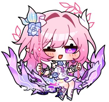 Rule 34 | 1girl, blue flower, blue rose, blush, chibi, cyrene (honkai: star rail), cyrene (ripples of past reverie) (honkai: star rail), dress, flower, hair flower, hair ornament, halo, honkai: star rail, honkai (series), long hair, neck flower, nhom (woogi), one eye closed, open mouth, pink hair, pointy ears, puffy cheeks, purple eyes, rainbow gradient, rose, shoes, simple background, smile, solo, swing, very long hair, white background, white dress, white shoes