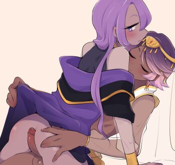 2boys alternate_costume anklet arabian_clothes ass bare_shoulders bindi blush bottomless bracelet buttjob closed_eyes coat coat_lift colored_skin cookie_run dark-skinned_male dark_skin ear_ornament ear_piercing earrings gold gold_anklet gold_bracelet gold_headdress gold_trim hair_between_eyes half-closed_eyes hand_on_another's_ass hat_tassel headdress humanization imminent_anal imminent_penetration jewelry lifting_another's_clothes lilac_cookie long_hair looking_at_penis looking_back lying male_focus multicolored_hair multiple_boys niwa_(niwa827) off_shoulder official_alternate_costume on_back penis penis_between_ass piercing pink_hair purple_eyes purple_hair purple_skin sash see-through_clothes see-through_sleeves see-through_veil shirt shirtless_male short_hair sidelocks simple_background sitting sitting_on_lap sitting_on_person sleeveless sleeveless_coat sleeveless_shirt sweatdrop tassel tassel_earrings testicles trap trap_on_trap two-tone_hair veil white_background yaoi yellow_sash yogurt_cream_cookie