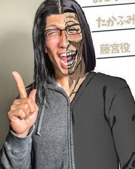 1boy :d ^_^ anime_screenshot arm_at_side black-framed_eyewear black_jacket blush closed_eyes commentary_request cosplay_photo forehead glasses hand_up highres hood hood_down hooded_jacket index_finger_raised isekai_ojisan jacket jpeg_artifacts long_sleeves male_focus medium_hair open_mouth photo_(medium) photo_inset rectangular_eyewear sabat shibazaki_yousuke smile solo split_screen stitched third-party_edit tongue ugly_bastard upper_body zipper