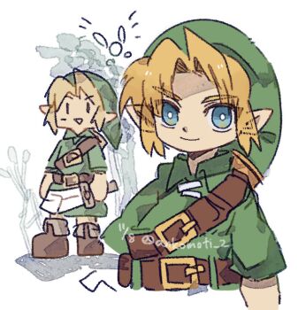 1boy ankomochi_(tomatoaaa) belt blonde_hair blue_eyes boots brown_belt brown_boots closed_mouth fairy green_hat green_tunic hat holding holding_sword holding_weapon link male_focus multiple_views nintendo open_mouth parted_bangs phrygian_cap pointy_ears short_hair short_sleeves shoulder_belt sidelocks smile sword the_legend_of_zelda tunic twitter_username weapon white_background