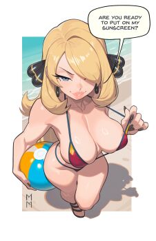 1girl above_view absurdres ball bare_shoulders beach beachball bikini blonde_hair bra bra_pull breasts breasts_apart brown_nails clothes_pull collarbone covered_puffy_areolae curvy cynthia_(pokemon) earrings eyelashes from_above full_body furrowed_brow grey_eyes hair_ornament hair_over_one_eye hair_over_shoulder highres holding holding_ball holding_beachball jewelry large_breasts lips long_hair looking_at_viewer marsupial_man narrowed_eyes naughty_face nintendo ocean parted_lips pokemon pokemon_dppt puffy_lips puffy_nipples red_bikini sand sandals sidelocks signature solo speech_bubble string_bikini swimsuit thick_lips thick_thighs thighs underwear waves