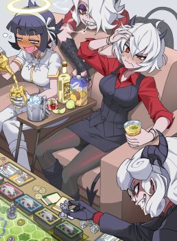 4girls absurdres alcohol arm_up azazel_(helltaker) bent_over black_footwear black_gloves black_hair black_pants black_skirt black_vest blouse blunt_bangs blush board_game boots breasts brown_legwear cigarette coin commentary_request couch cross cup demon_girl demon_horns demon_tail drinking_glass drunk evil_grin evil_smile fangs figure food frown fruit glasses gloves gold_trim grin hair_between_eyes hairband half-closed_eyes halo hand_in_own_hair has_bad_revision has_downscaled_revision heart helltaker highres holding holding_cup horns ice ice_cube kyo-hei_(kyouhei) large_breasts layered_sleeves lemon lemon_slice lime_(fruit) lime_slice long_sleeves malina_(helltaker) md5_mismatch multiple_girls nail_polish open_mouth pandemonica_(helltaker) pants pantyhose pineapple red_eyes red_nails red_shirt resolution_mismatch round_eyewear shaded_face sharp_teeth shirt short_hair short_sleeves sitting skirt smile smoking source_smaller spilling tail teeth vest wavy_mouth white_footwear white_hair white_hairband white_pants white_shirt zdrada_(helltaker)