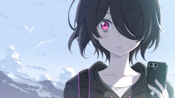 1girl black_hair cellphone day everlasting_flowers hair_over_one_eye highres holding holding_phone hood hooded_jacket jacket looking_past_viewer outdoors phone pink_eyes red_eyes sakashita_mina smartphone solo suzumori