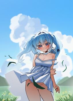 1girl arahashi_tabi blue_dress blue_eyes blue_hair blue_sky blush breasts cleavage closed_mouth clothes_lift cloud commentary contrapposto convenient_censoring cowboy_shot creature creature_on_shoulder day double-parted_bangs dress dress_lift falling_leaves field floating_clothes floating_hair hair_intakes highres korean_commentary large_breasts leaf long_hair looking_at_viewer no_panties on_shoulder outdoors pungdangi_(arahashi_tabi) shizuka_(realbohengmi) sky sleeveless sleeveless_dress smile solo standing stellive straight_hair strap_slip sundress twintails variant_set wind wind_lift