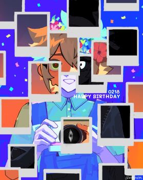 Rule 34 | 1boy, basil (faraway) (omori), basil (headspace) (omori), basil (omori), blonde hair, blue shirt, camera, commentary request, dated, denim, denim overalls, flower wreath, green eyes, hair ornament, happy birthday, head wreath, highres, holding, holding camera, honshiya, looking at viewer, multiple persona, omori, polaroid photo, shirt, short hair, signature, smile, something (omori), stranger (omori), white eyes