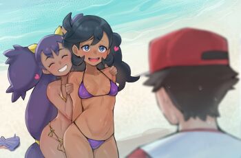 1boy 1girl absurdres artsheops bikini dark-skinned_female dark_skin emma_(pokemon) gold_bikini highres iris_(pokemon) nintendo non-web_source pokemon purple_bikini red_(pokemon) swimsuit