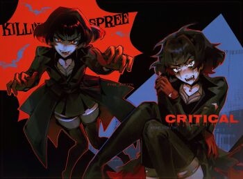 1girl black_coat black_hair black_thighhighs boots coat commentary deadlock_(game) didi_(galacticdidi) english_commentary gloves highres makeup mina_(deadlock) red_eyes red_gloves runny_makeup short_hair thigh_boots thighhighs