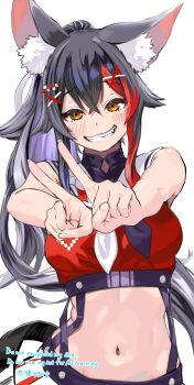 1girl akaharu_yugama animal_ear_fluff animal_ears black_hair black_neckerchief blush breasts brown_eyes commentary_request cropped_shirt crossed_bangs grin hair_between_eyes hair_ornament highres hololive hololive_gamers_fes_outfit index_finger_raised large_breasts long_hair looking_at_viewer multicolored_hair navel neckerchief official_alternate_costume ookami_mio ponytail red_shirt red_streaks shirt simple_background smile solo stomach streaked_hair two-tone_neckerchief upper_body virtual_youtuber white_background white_neckerchief wolf_ears wolf_girl x_hair_ornament