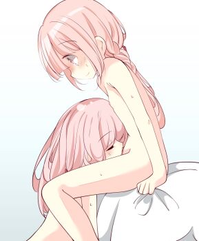 2girls bed_sheet between_legs blush bow braid closed_eyes completely_nude cunnilingus flat_chest from_side hair_bow inasa_orange incest loli long_hair looking_at_another looking_down magia_record:_mahou_shoujo_madoka_magica_gaiden mahou_shoujo_madoka_magica multiple_girls nipples nude on_bed on_floor oral pink_eyes pink_hair red_bow sheet_grab siblings simple_background sisters sitting smile sweat tamaki_iroha tamaki_ui textless_version white_background wide-eyed yuri