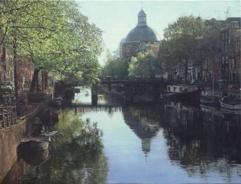 apartment blue_sky boat bridge building canal car commentary_request day dome highres motor_vehicle naohiro_ito original painting_(medium) photorealistic realistic reflection reflective_liquid rowboat scenery shadow sky sunlight town traditional_media tree water watercraft