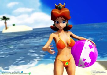 1girl 3d animated bad_tag ball beach beachball bikini blue_eyes breasts brown_hair cleavage close-up half-closed_eyes hand_on_own_hip large_breasts legs lipstick looking_at_viewer makeup mario_(series) nintendo ocean orange_bikini princess princess_daisy seductive_smile short_hair smile solo swimsuit tagme thighs video virtualblueam2 water