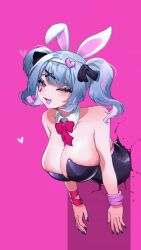 1girl 2024 :d ;d alternate_breast_size_(larger) animal_ears animated artist_collaboration bare_shoulders blue_eyes blue_hair blue_nails blush bouncing_breasts breasts cleavage commentary da3iann detached_collar fang female_focus florencemomo hair_ornament hairband hairclip hatsune_miku heart highres implied_sex kh_626 large_breasts looking_at_viewer miku_day multicolored_hair music necktie one_eye_closed open_mouth pink_background pink_hair playboy_bunny pure_pure_(rabbit_hole) rabbit_ears rabbit_hole_(vocaloid) ribbon sexually_suggestive simple_background skin_fang smile solo sound streaked_hair teardrop_facial_mark through_wall tongue tongue_out twintails two-tone_hair video vocaloid