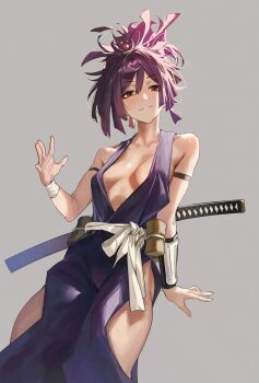 1girl armband black_armband breasts center_opening cleavage clothing_cutout daniel_deng highres hip_vent japanese_clothes jigokuraku kimono looking_at_viewer ninja purple_hair purple_kimono sash simple_background small_breasts solo sword topknot weapon white_sash wrist_guards yuzuriha_(jigokuraku)