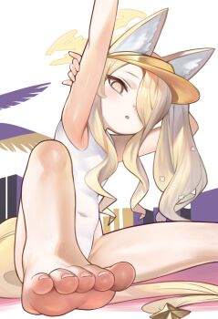 1girl animal_ears arm_behind_head armpits arms_up bare_arms bare_legs bare_shoulders barefoot blonde_hair blue_archive commentary covered_navel dokomon expressionless feet foot_focus foreshortening fox_ears fox_tail hair_over_one_eye halo highres korean_commentary looking_at_viewer official_alternate_costume one-piece_swimsuit one_eye_covered outstretched_arm parted_lips seia_(blue_archive) seia_(swimsuit)_(blue_archive) sitting soles solo swimsuit tail toes visor_cap white_one-piece_swimsuit yellow_eyes yellow_halo