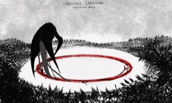 animal_focus animated animated_gif bird black_bird black_feathers black_wings circle english_text feathers kamikiririp looping_animation lowres no_humans original solo spinning walking wings