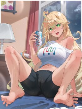 1girl absurdres barefoot bike_shorts blonde_hair blush can feet green_eyes highres long_hair looking_at_viewer off_shoulder open_mouth original ozzyart_0221 soles sweat toes