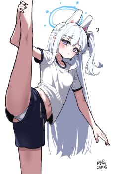 1girl ? absurdres alternate_costume animal_ears blue_archive blue_halo blue_shorts blush braid breasts closed_mouth dated fake_animal_ears grey_hair gym_shirt gym_uniform halo highres kneepits leg_up long_hair looking_at_viewer miyako_(blue_archive) myeolchi navel one_side_up panties purple_eyes rabbit_ears shirt short_sleeves shorts simple_background small_breasts solo split standing standing_on_one_leg standing_split underwear white_background white_hair white_panties white_shirt