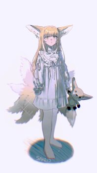 1girl absurdres animal_ears arknights blonde_hair commentary fox_ears fox_girl fox_tail full_body highres long_hair sakiyo solo stuffed_toy suzuran_(arknights) tail