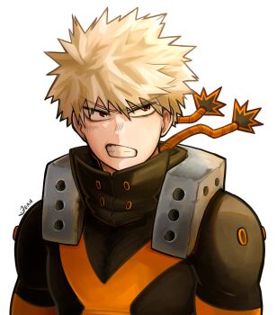 1boy absurdres artist_name bakugou_katsuki blonde_hair boku_no_hero_academia clenched_teeth closed_mouth commentary covered_pectorals english_commentary highres looking_to_the_side male_focus meanthejean pectorals red_eyes short_hair simple_background solo spiked_hair superhero_costume teeth upper_body white_background