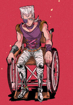 1boy artificial_legs bandages belt choker earrings eyepatch flattop grey_hair jean_pierre_polnareff jewelry jojo_no_kimyou_na_bouken male_focus red_background sahau228 short_hair sitting solo vento_aureo wheelchair wristband