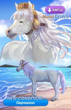 animal_ears beach blue_sky blunt_bangs borrowed_hairstyle bridle commentary crying english_commentary freeze-ex gameplay_mechanics gold_ship_(racehorse) gold_ship_(umamusume) grey_hair hat horse horse_ears horse_tail long_hair man_(meme) meme mood_(umamusume) outdoors pillbox_hat real_life sky tail tears umamusume water